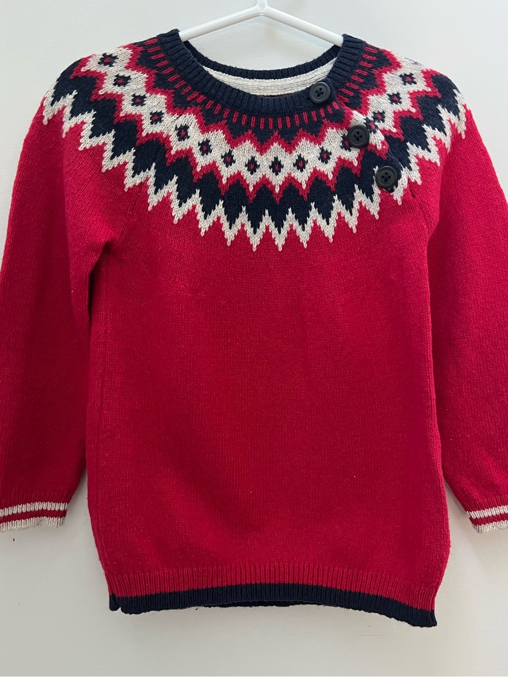 Baby Boden Soft Red Fair Isle Knit Sweater with Navy & Cream Accents